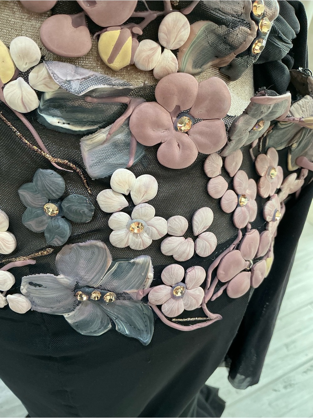 Black Halter Evening Gown with Pink Floral Embroidery - Picture 15 of 15